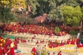Buddhist monks sitting under the bodhi tree at Mahabodhi temple
